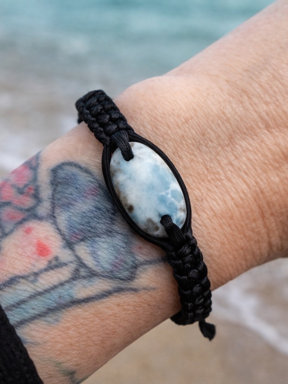 Larimar Stone Macrame Bracelet Handmade Adjustable Ocean Blue Boho
